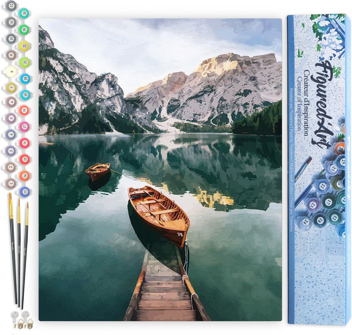 FiguredArt Schilderen op Nummer Volwassenen canvas Kleine boot en bergmeer - Handwerk acrylverf Kit DIY Compleet - 40x50cm zonder frame